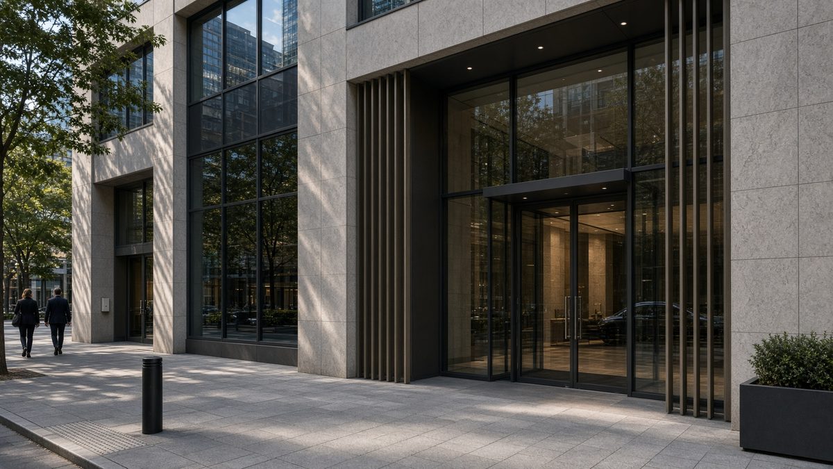 Illustrative photograph of the stone-and-glass entrance of a contemporary office building on a quiet, tree-lined street