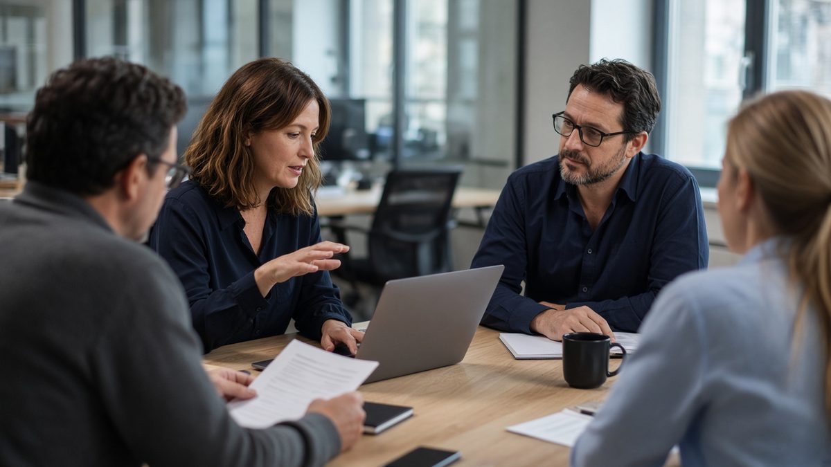 Illustrative photograph of four professionals discussing documents around a wooden meeting table with a laptop